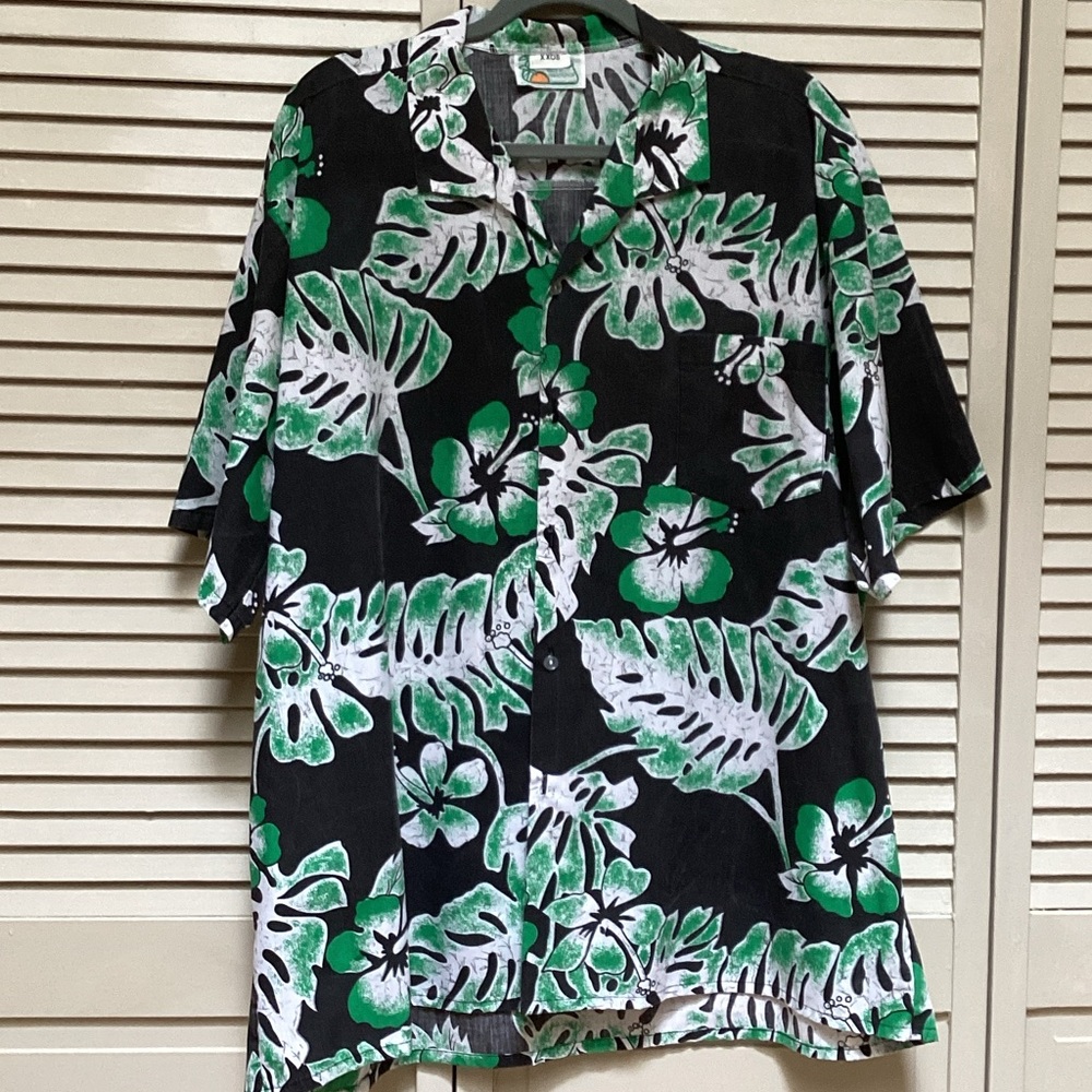 Men's Black Tropical Button-Down Shirt with Green Leaf Print